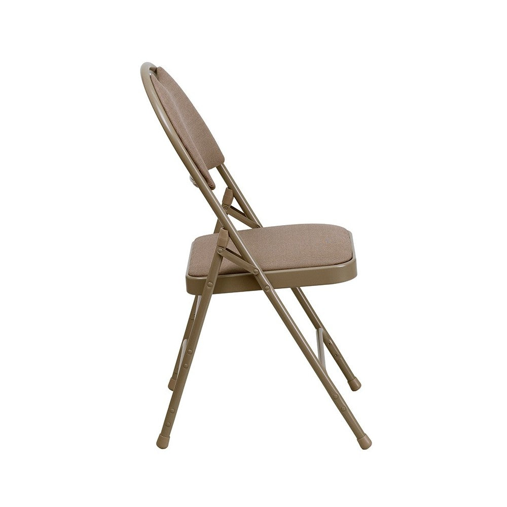 Ultra-Premium Triple Braced Beige Fabric Metal Folding Chair with Easy-Carry Handle