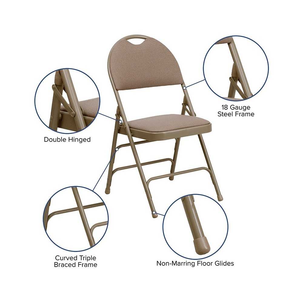 Ultra-Premium Triple Braced Beige Fabric Metal Folding Chair with Easy-Carry Handle