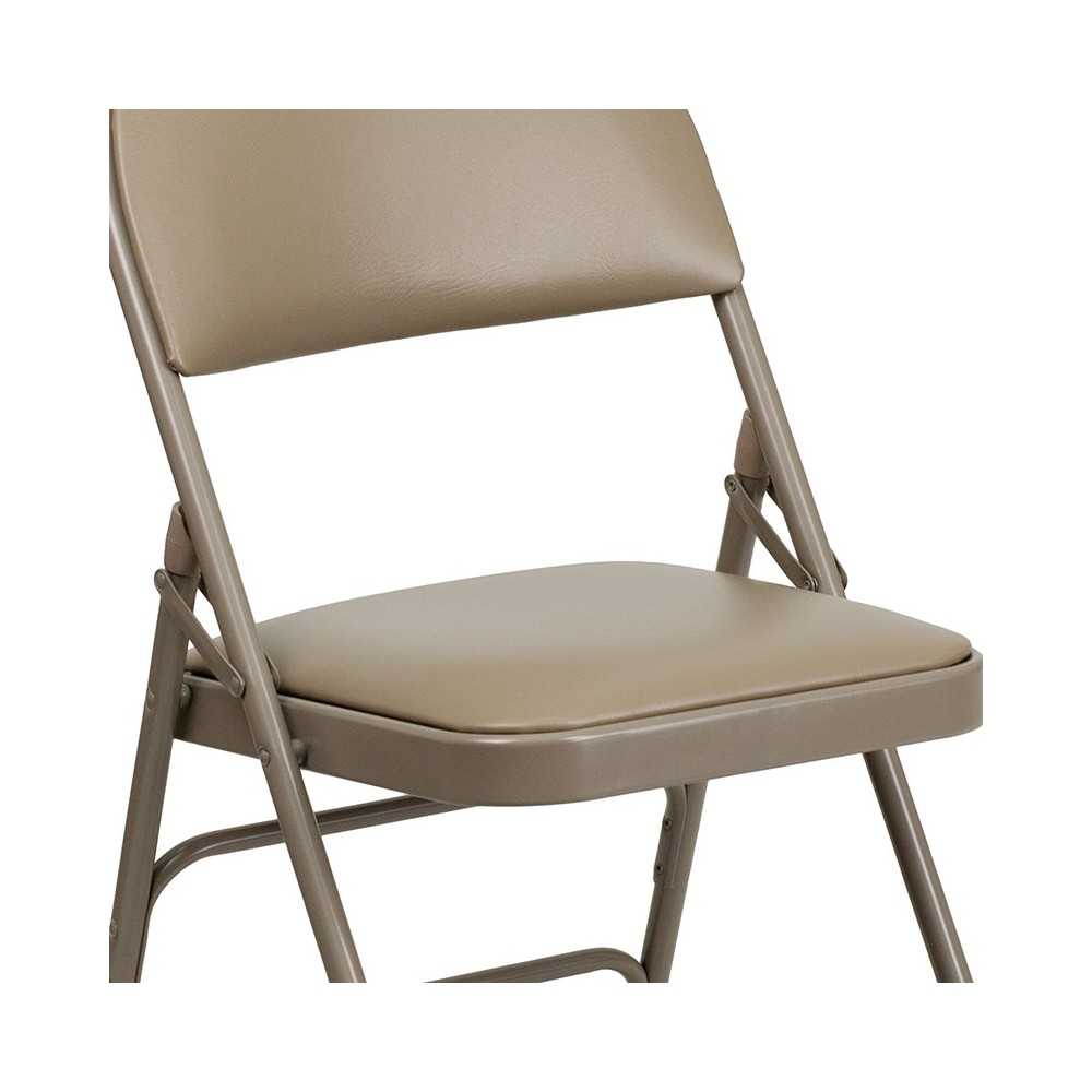Ultra-Premium Triple Braced Beige Vinyl Metal Folding Chair with Easy-Carry Handle