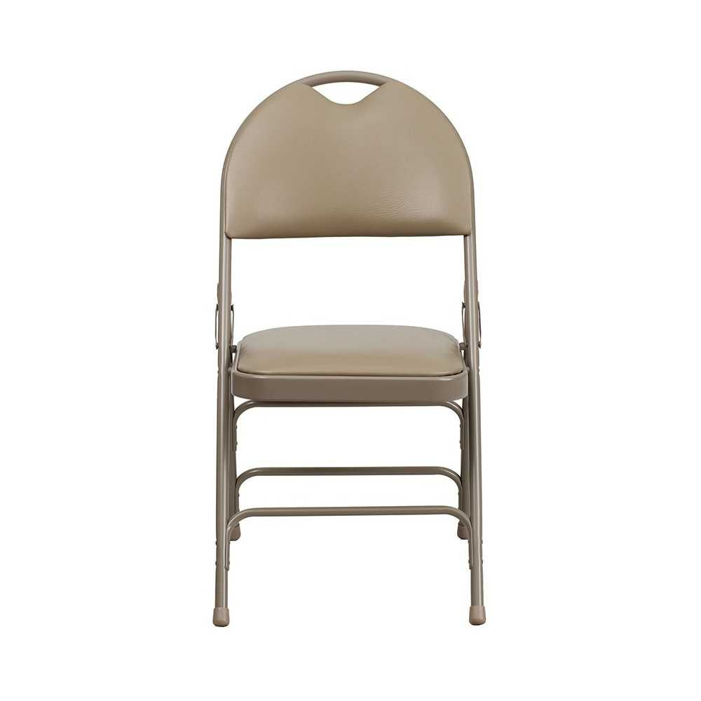 Ultra-Premium Triple Braced Beige Vinyl Metal Folding Chair with Easy-Carry Handle