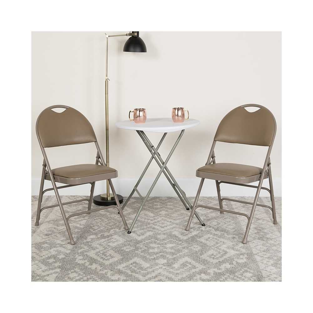 Ultra-Premium Triple Braced Beige Vinyl Metal Folding Chair with Easy-Carry Handle