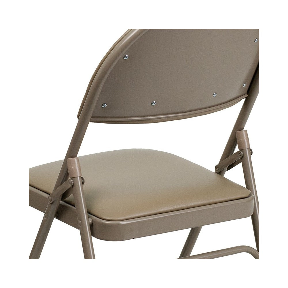 Ultra-Premium Triple Braced Beige Vinyl Metal Folding Chair with Easy-Carry Handle