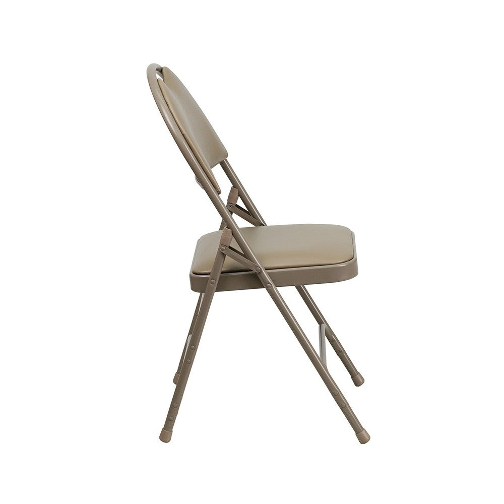 Ultra-Premium Triple Braced Beige Vinyl Metal Folding Chair with Easy-Carry Handle