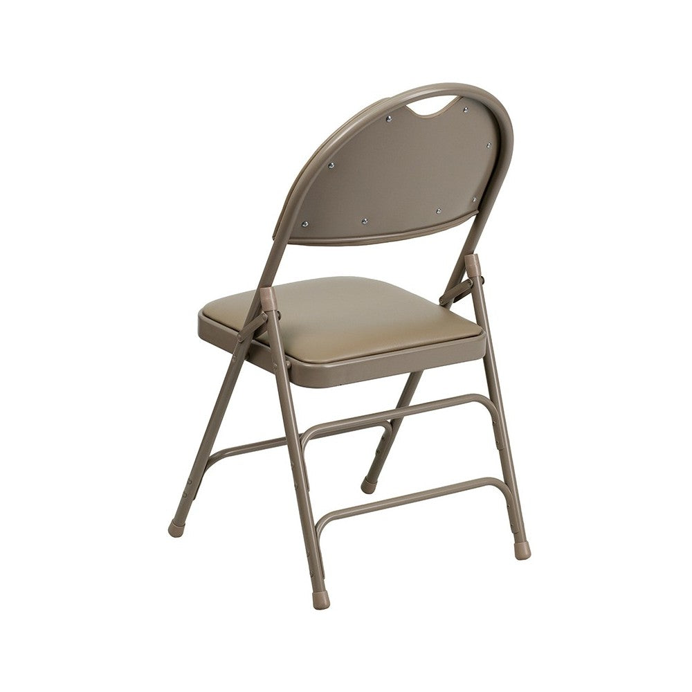 Ultra-Premium Triple Braced Beige Vinyl Metal Folding Chair with Easy-Carry Handle