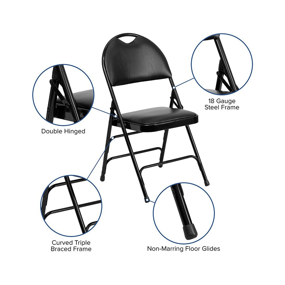 Ultra-Premium Triple Braced Black Vinyl Metal Folding Chair with Easy-Carry Handle