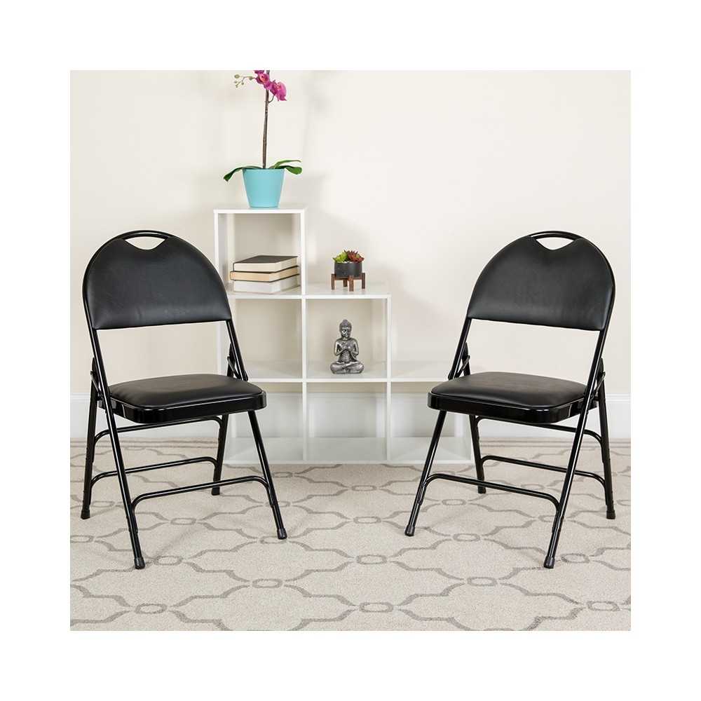Ultra-Premium Triple Braced Black Vinyl Metal Folding Chair with Easy-Carry Handle