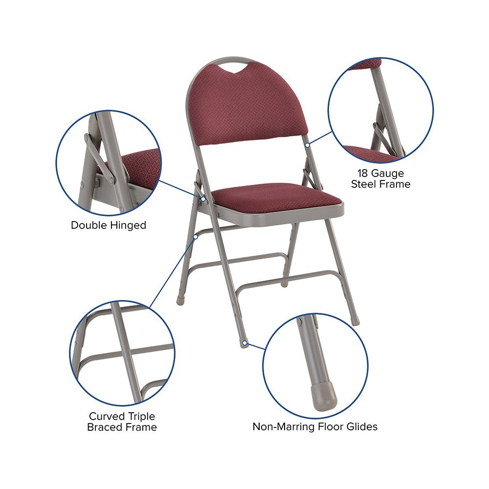 Ultra-Premium Triple Braced Burgundy Fabric Metal Folding Chair with Easy-Carry Handle