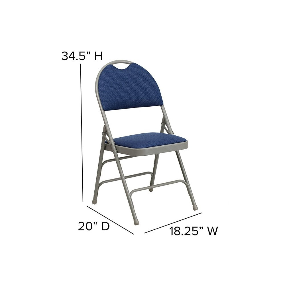 Ultra-Premium Triple Braced Navy Fabric Metal Folding Chair with Easy-Carry Handle