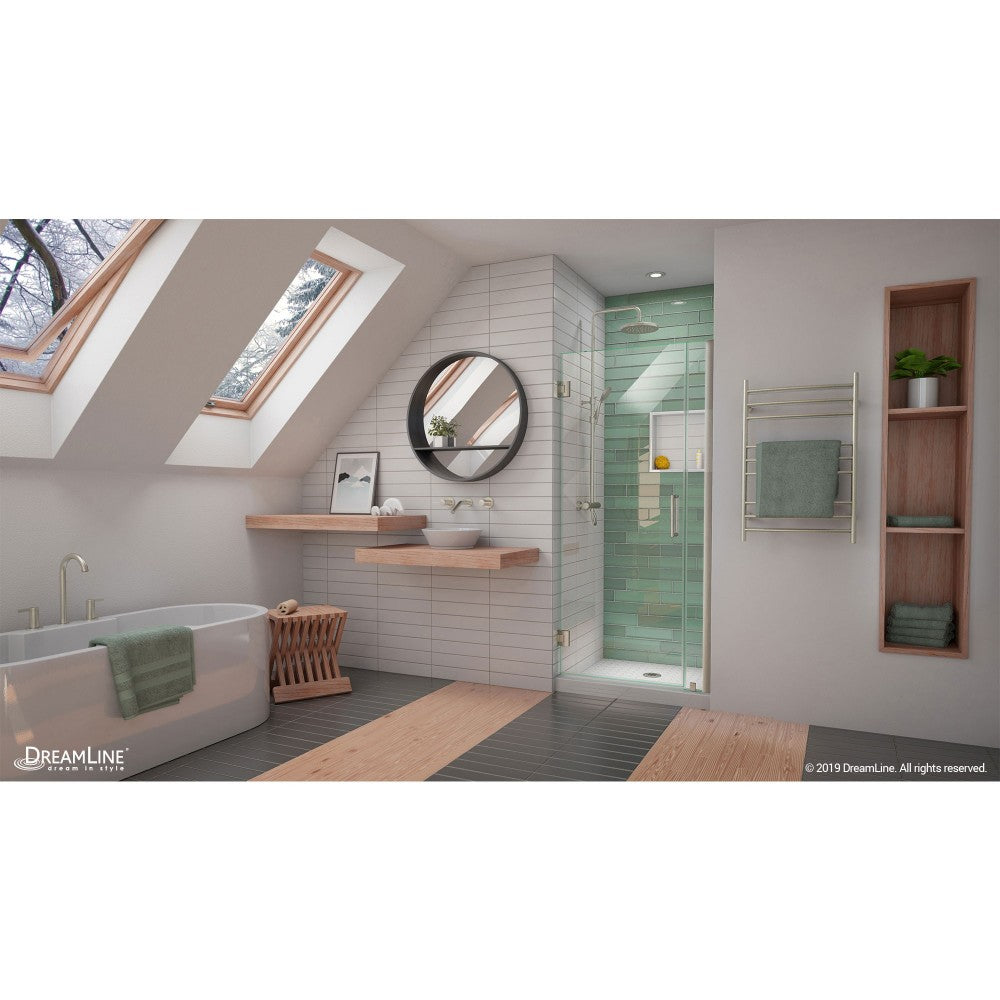 Unidoor-LS 29-30 in. W x 72 in. H Frameless Hinged Shower Door in Brushed Nickel