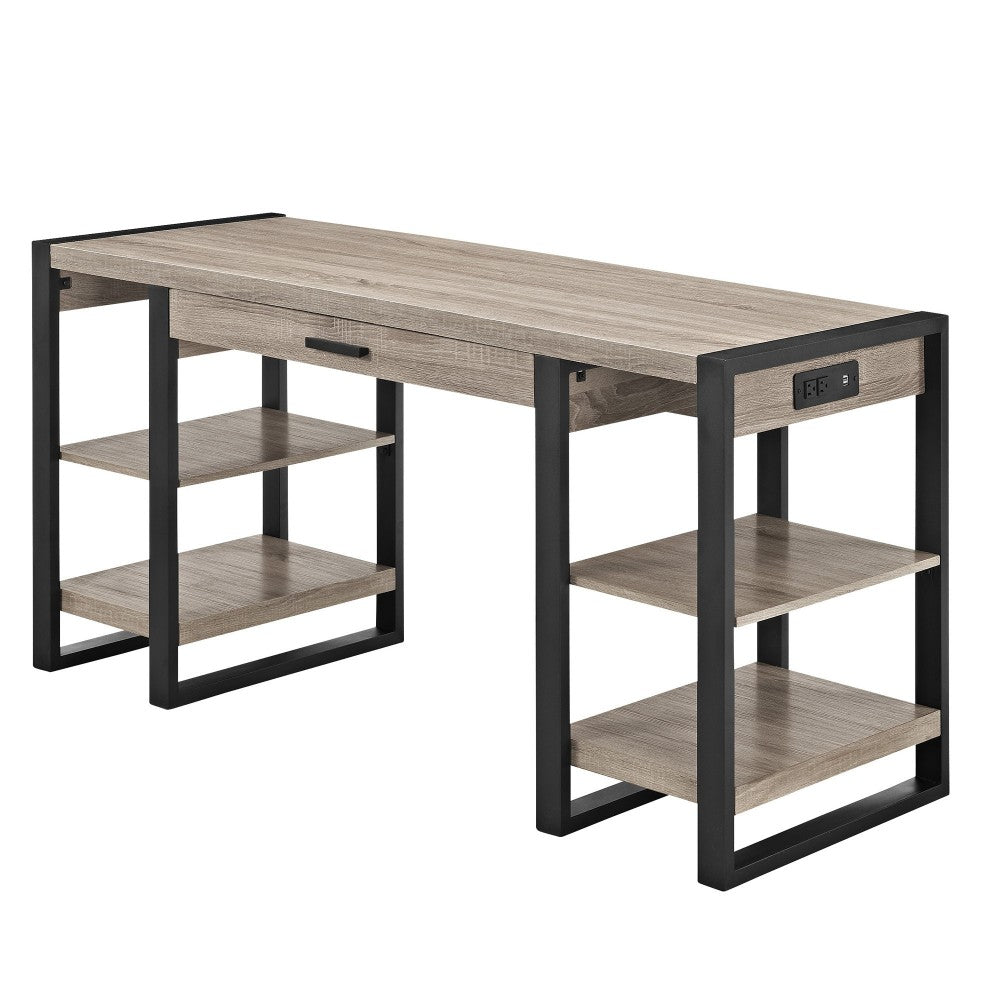Urban Blend 60" Dual Shelf Wood Computer Desk with Power Strip - Driftwood