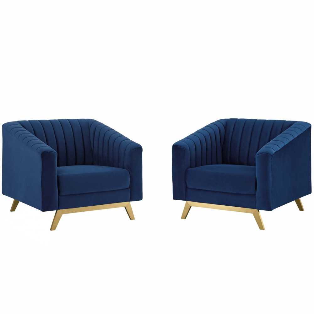 Valiant Vertical Channel Tufted Upholstered Performance Velvet Armchair Set of 2, Navy