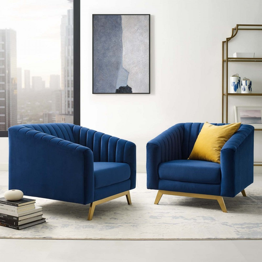 Valiant Vertical Channel Tufted Upholstered Performance Velvet Armchair Set of 2, Navy