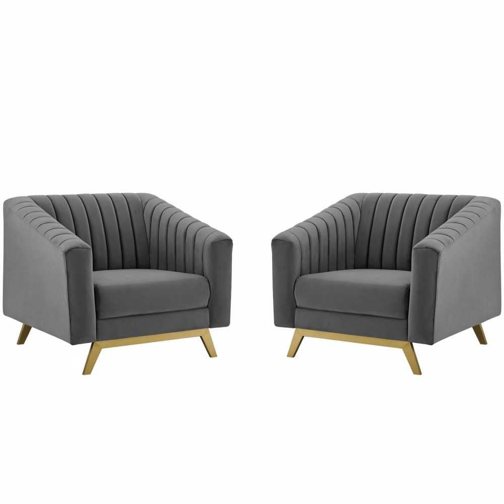 Valiant Vertical Channel Tufted Upholstered Performance Velvet Armchair Set of 2, Gray