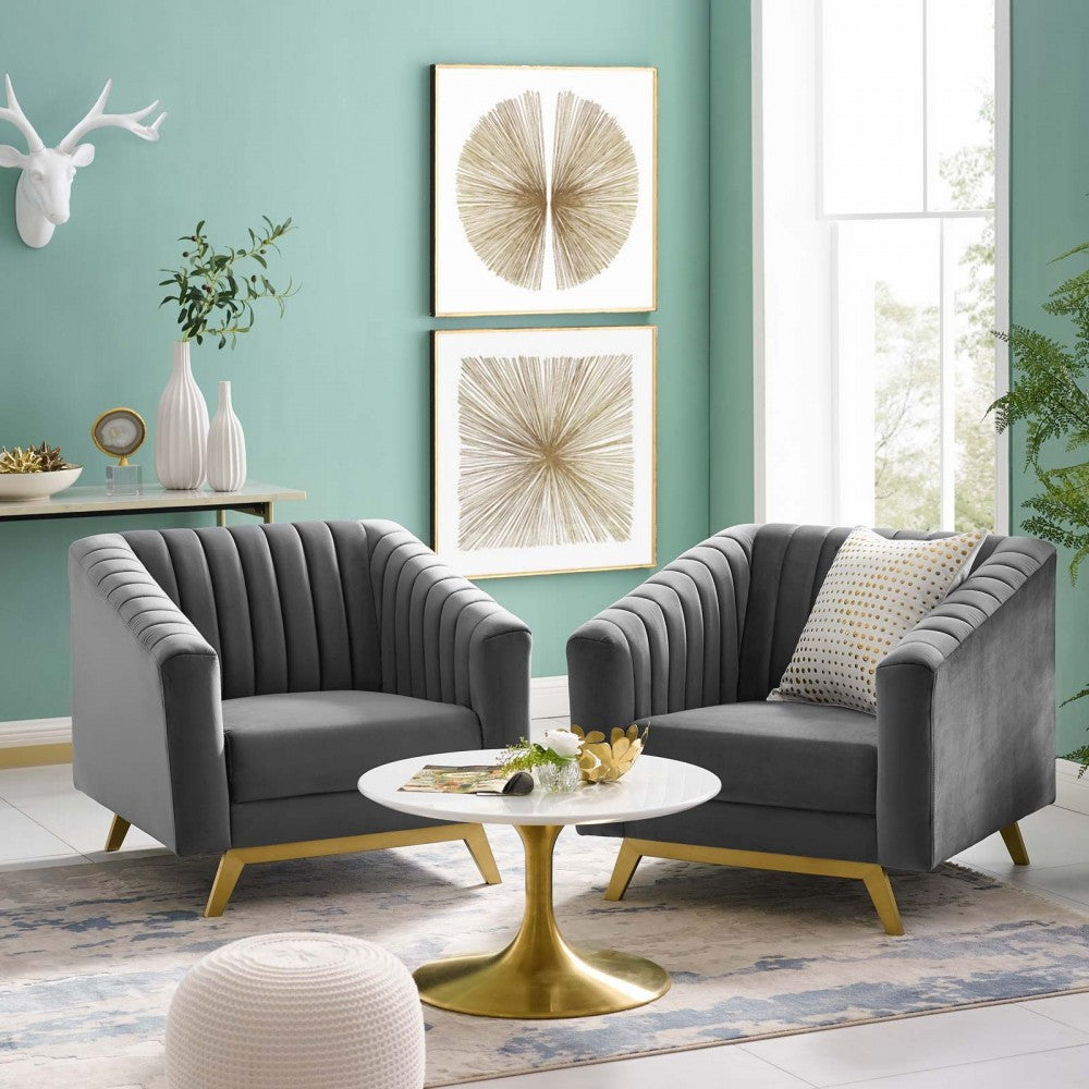 Valiant Vertical Channel Tufted Upholstered Performance Velvet Armchair Set of 2, Gray