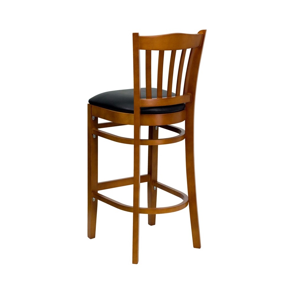 Vertical Slat Back Cherry Wood Restaurant Barstool - Black Vinyl Seat