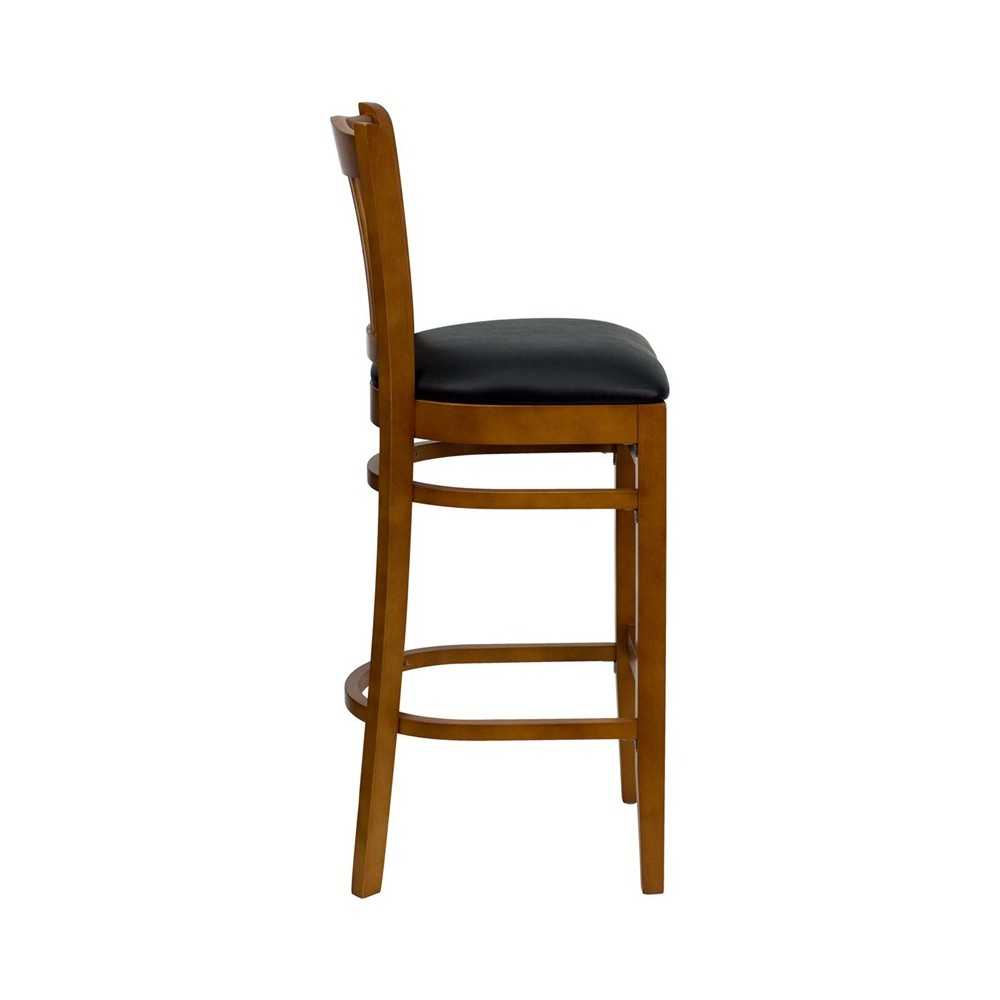 Vertical Slat Back Cherry Wood Restaurant Barstool - Black Vinyl Seat