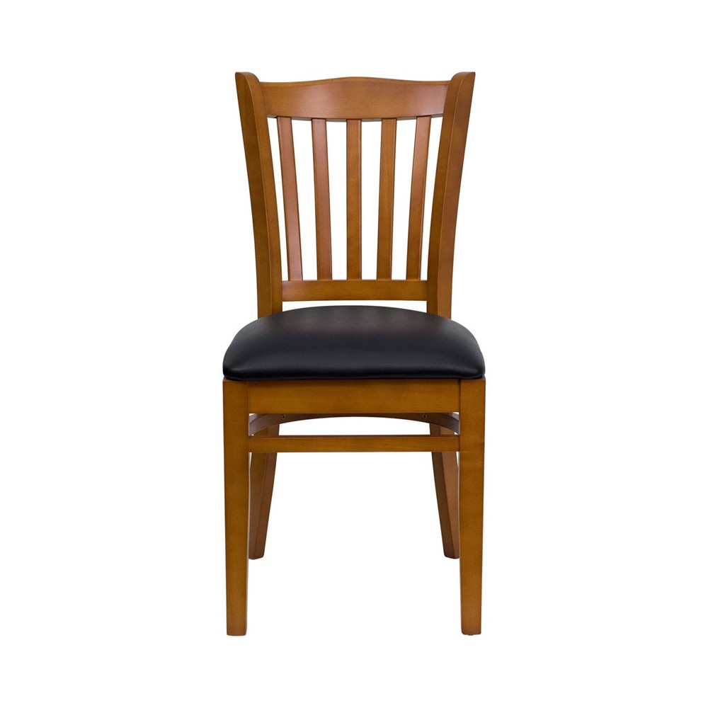 Vertical Slat Back Cherry Wood Restaurant Chair - Black Vinyl Seat