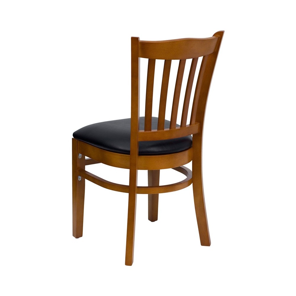 Vertical Slat Back Cherry Wood Restaurant Chair - Black Vinyl Seat