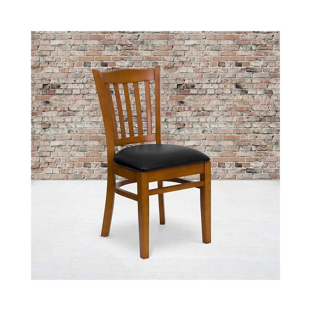 Vertical Slat Back Cherry Wood Restaurant Chair - Black Vinyl Seat