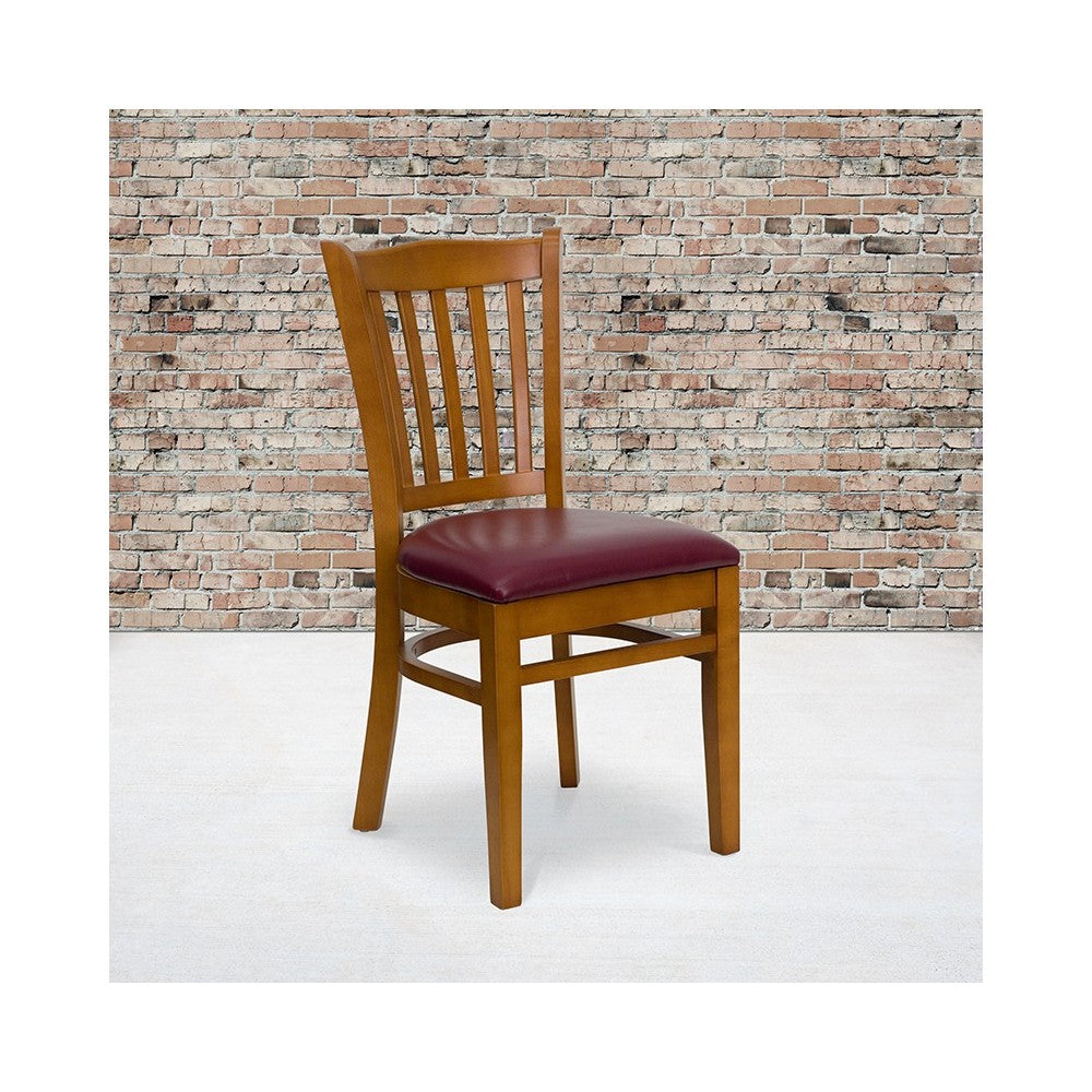 Vertical Slat Back Cherry Wood Restaurant Chair - Burgundy Vinyl Seat