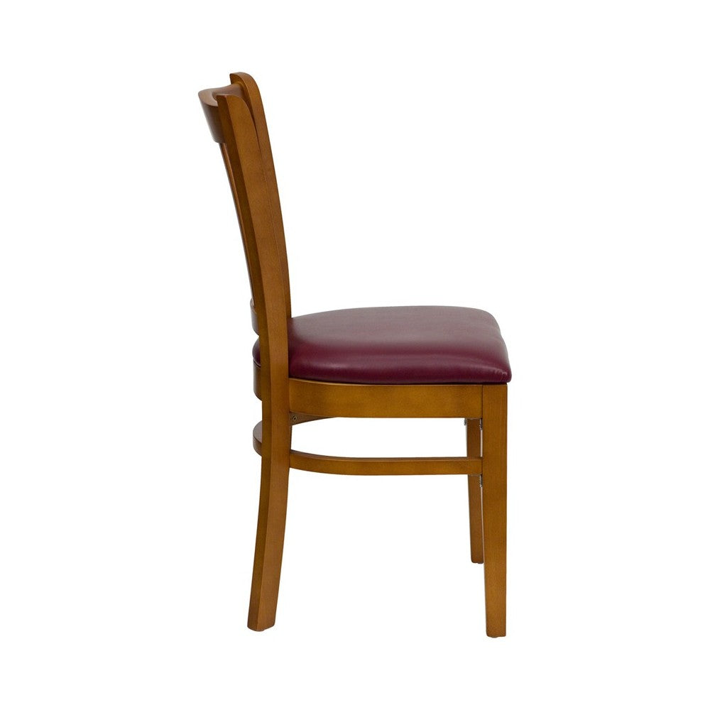 Vertical Slat Back Cherry Wood Restaurant Chair - Burgundy Vinyl Seat