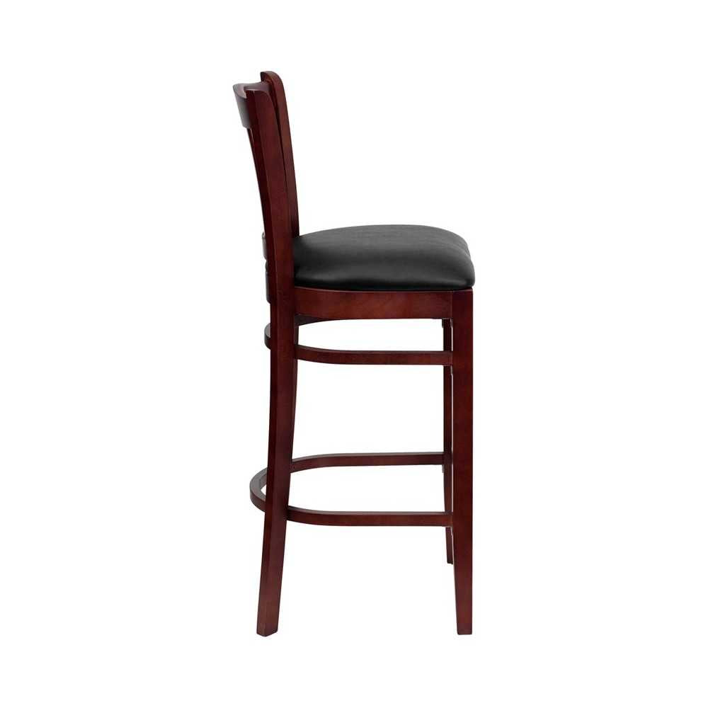 Vertical Slat Back Mahogany Wood Restaurant Barstool - Black Vinyl Seat
