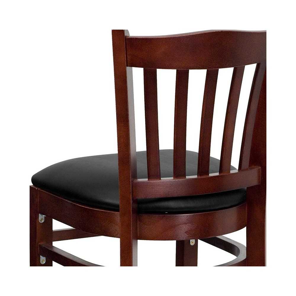 Vertical Slat Back Mahogany Wood Restaurant Barstool - Black Vinyl Seat