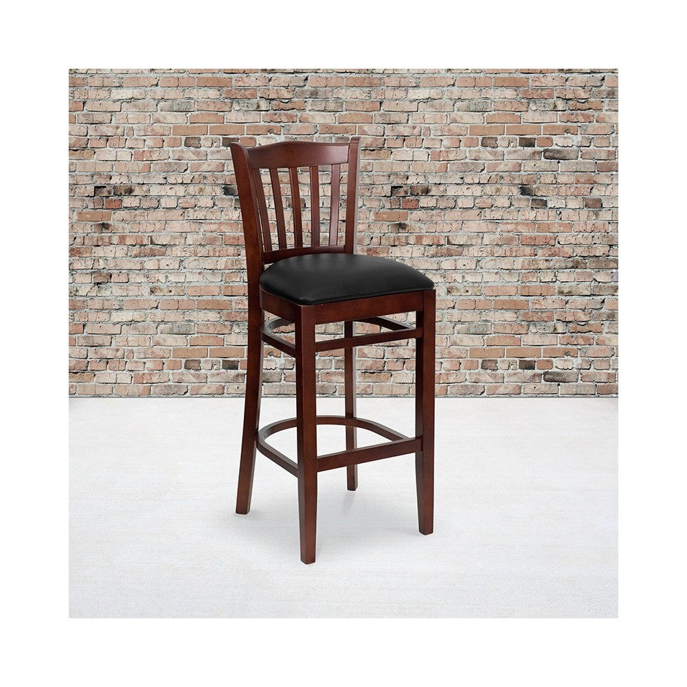 Vertical Slat Back Mahogany Wood Restaurant Barstool - Black Vinyl Seat