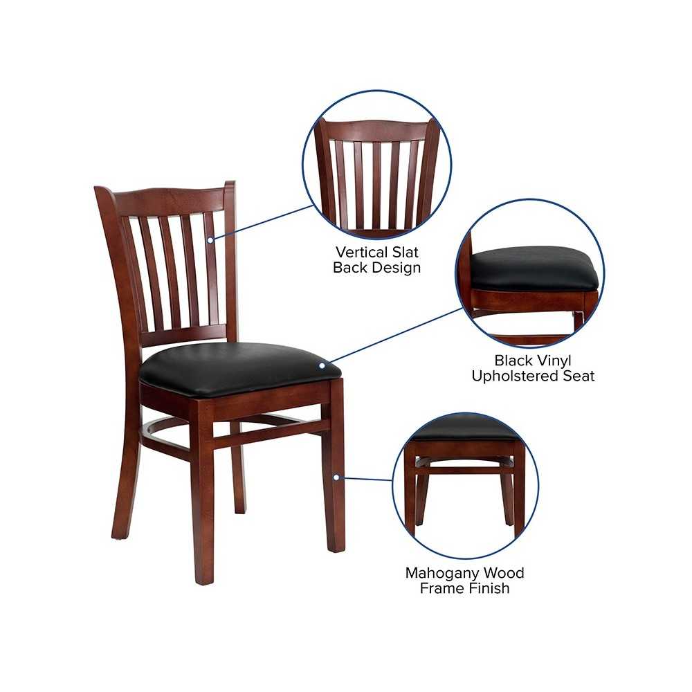 Vertical Slat Back Mahogany Wood Restaurant Chair - Black Vinyl Seat