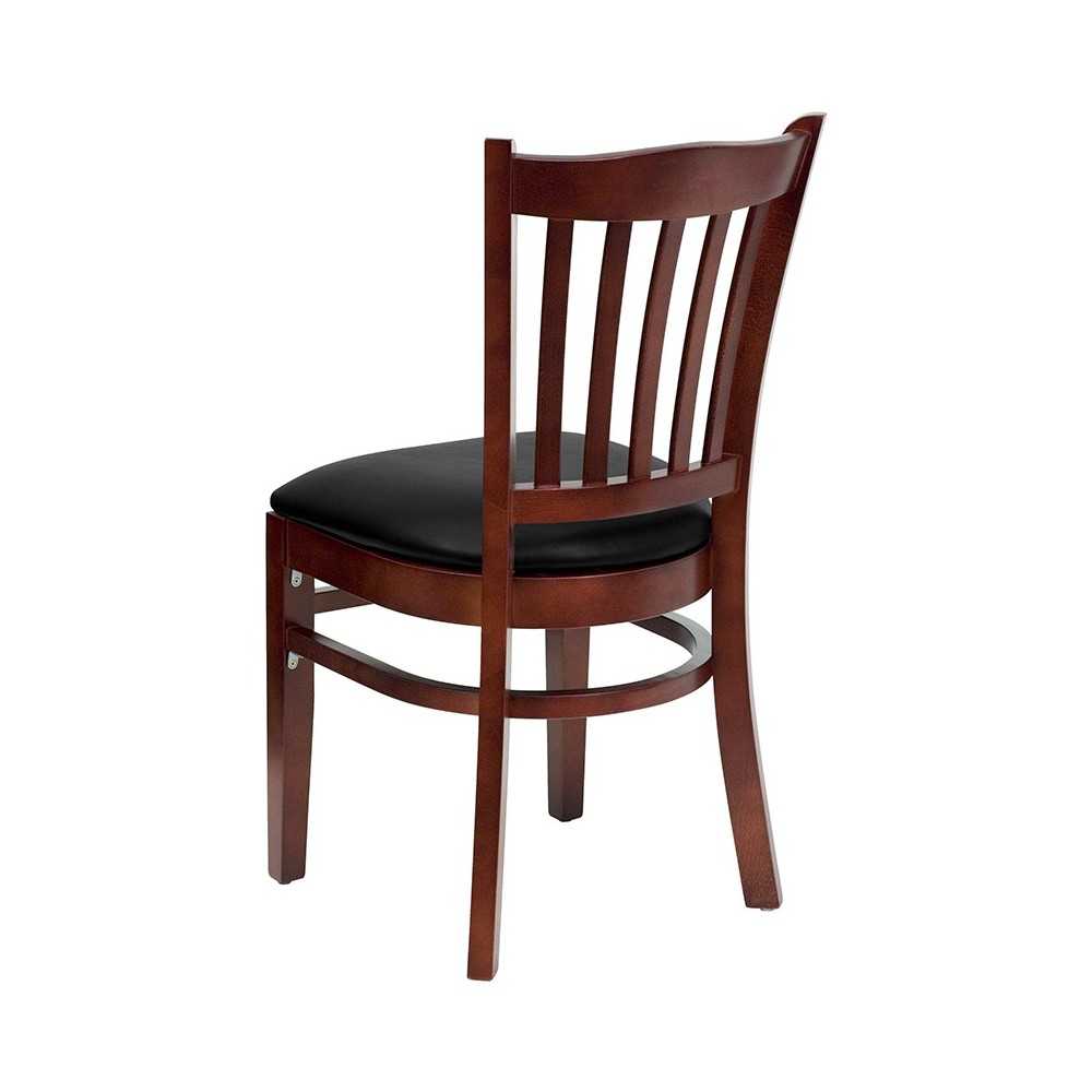 Vertical Slat Back Mahogany Wood Restaurant Chair - Black Vinyl Seat