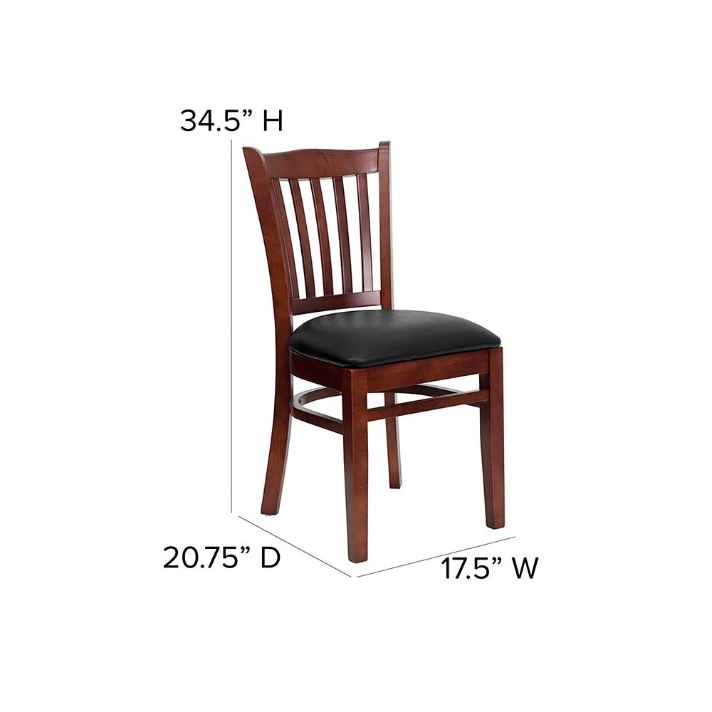 Vertical Slat Back Mahogany Wood Restaurant Chair - Black Vinyl Seat