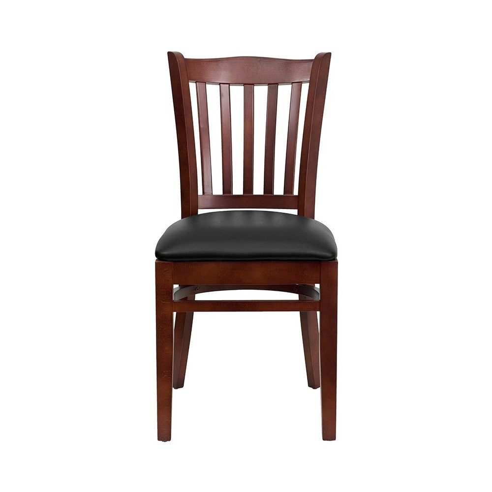 Vertical Slat Back Mahogany Wood Restaurant Chair - Black Vinyl Seat