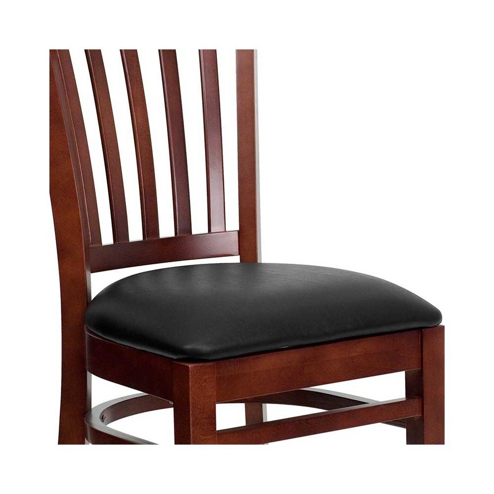 Vertical Slat Back Mahogany Wood Restaurant Chair - Black Vinyl Seat