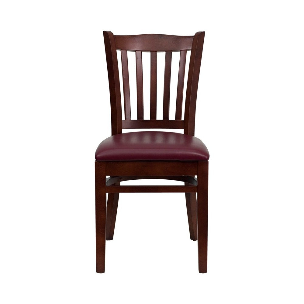 Vertical Slat Back Mahogany Wood Restaurant Chair - Burgundy Vinyl Seat