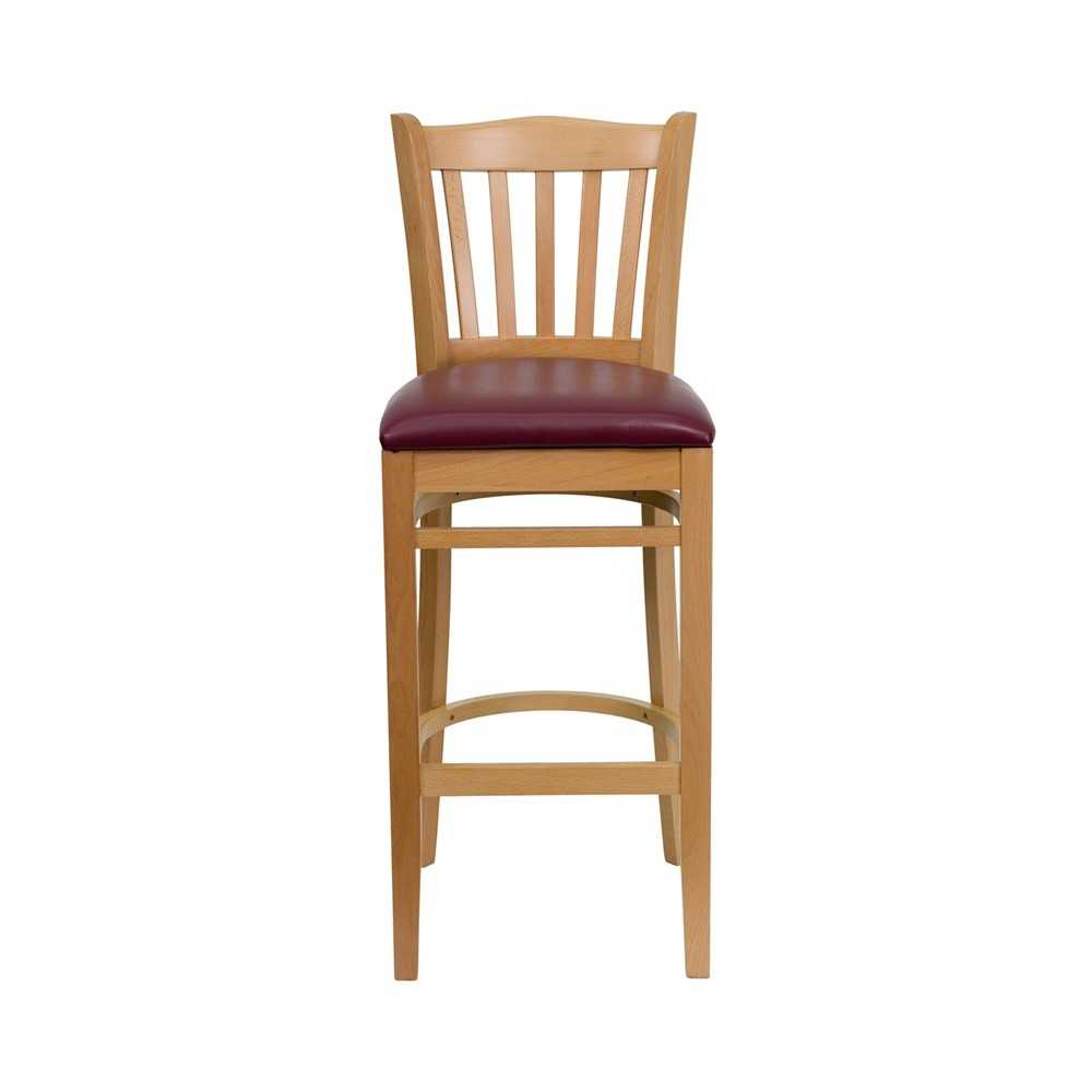 Vertical Slat Back Natural Wood Restaurant Barstool - Burgundy Vinyl Seat