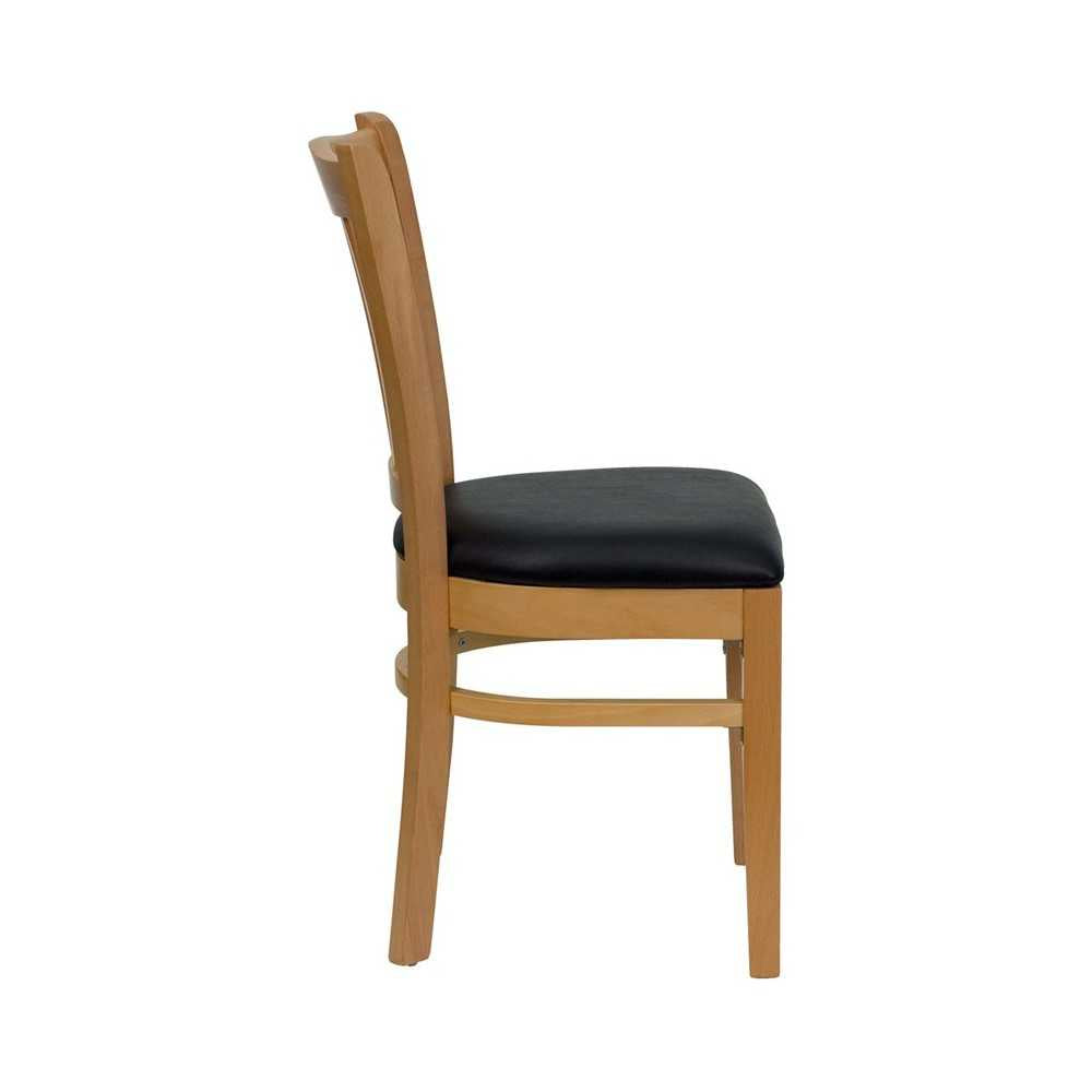 Vertical Slat Back Natural Wood Restaurant Chair - Black Vinyl Seat