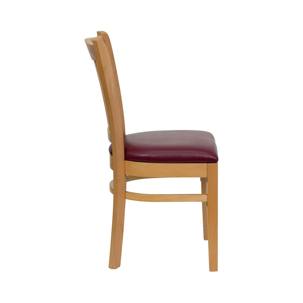 Vertical Slat Back Natural Wood Restaurant Chair - Burgundy Vinyl Seat