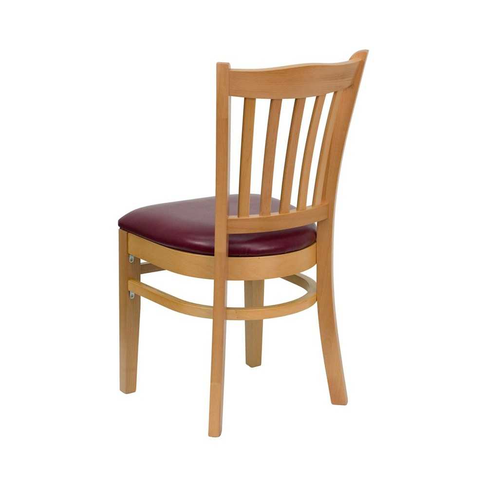 Vertical Slat Back Natural Wood Restaurant Chair - Burgundy Vinyl Seat