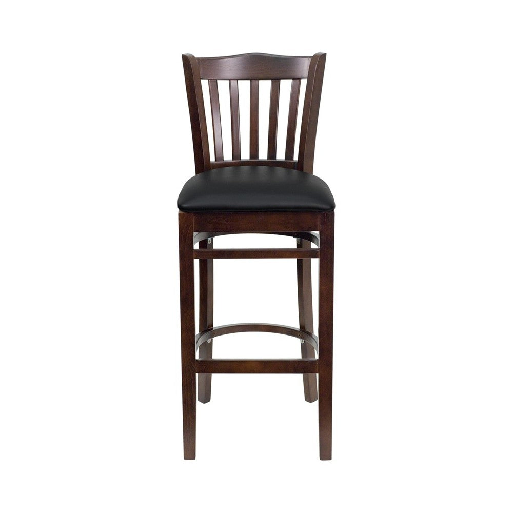 Vertical Slat Back Walnut Wood Restaurant Barstool - Black Vinyl Seat