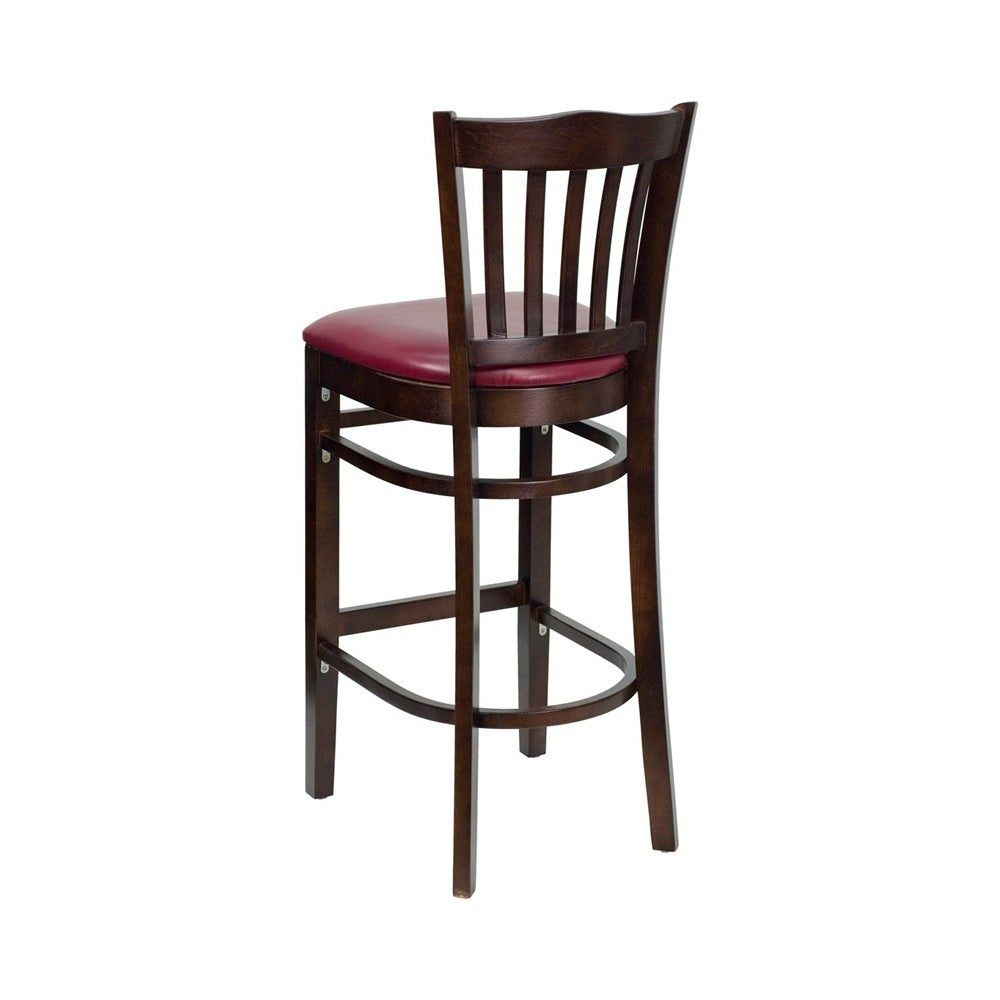 Vertical Slat Back Walnut Wood Restaurant Barstool - Burgundy Vinyl Seat