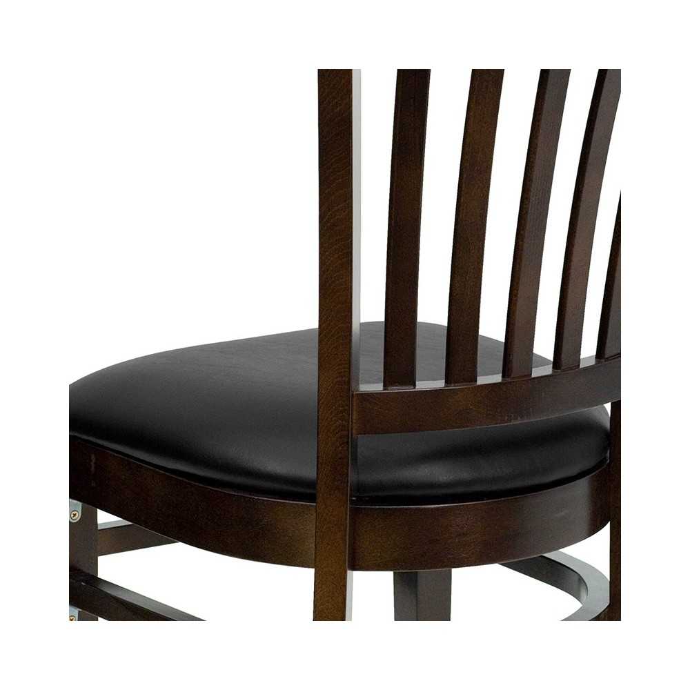 Vertical Slat Back Walnut Wood Restaurant Chair - Black Vinyl Seat