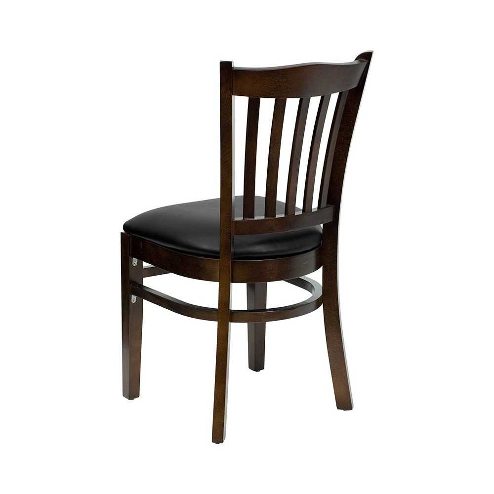 Vertical Slat Back Walnut Wood Restaurant Chair - Black Vinyl Seat