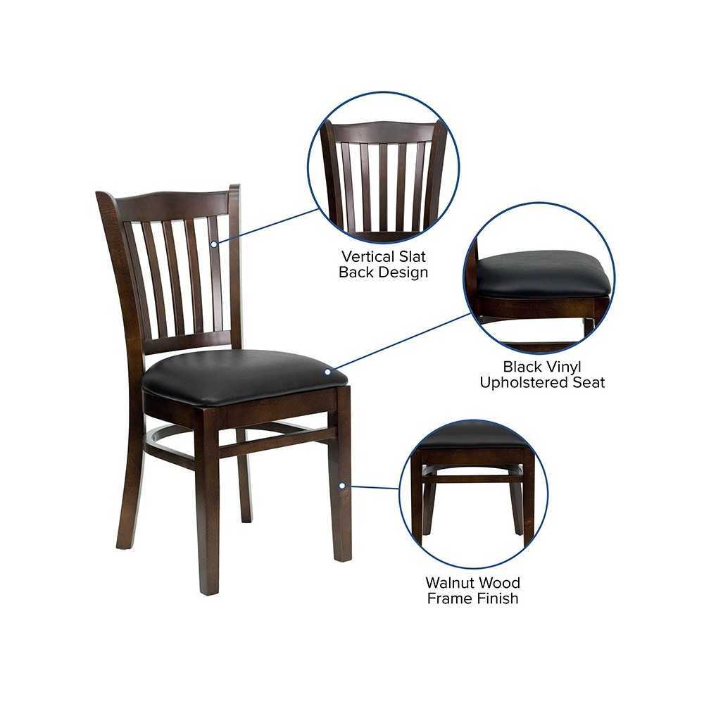 Vertical Slat Back Walnut Wood Restaurant Chair - Black Vinyl Seat