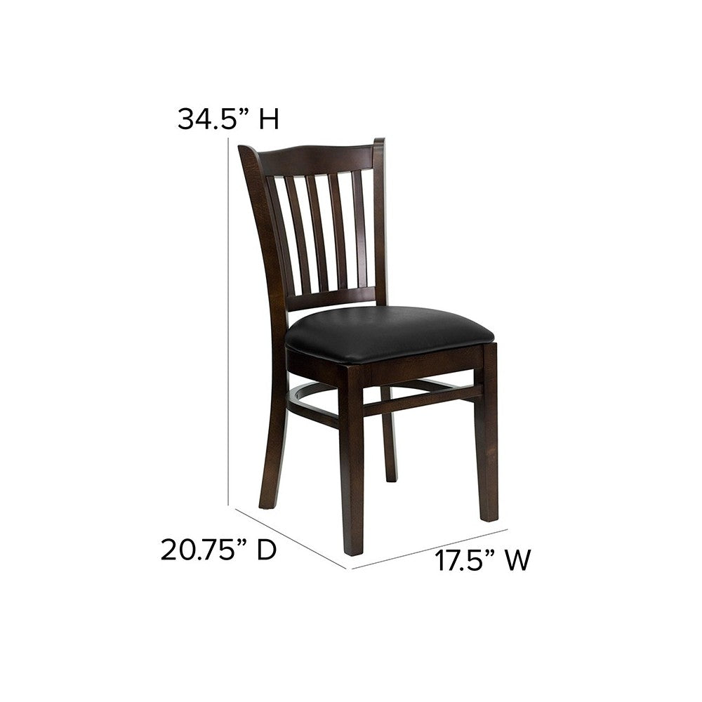 Vertical Slat Back Walnut Wood Restaurant Chair - Black Vinyl Seat