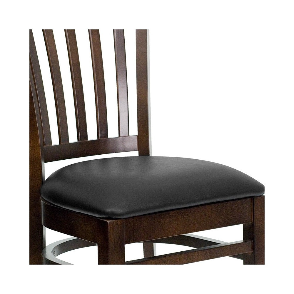 Vertical Slat Back Walnut Wood Restaurant Chair - Black Vinyl Seat