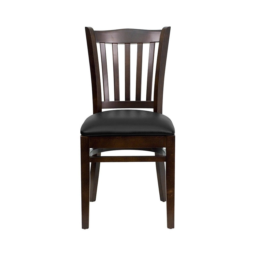 Vertical Slat Back Walnut Wood Restaurant Chair - Black Vinyl Seat