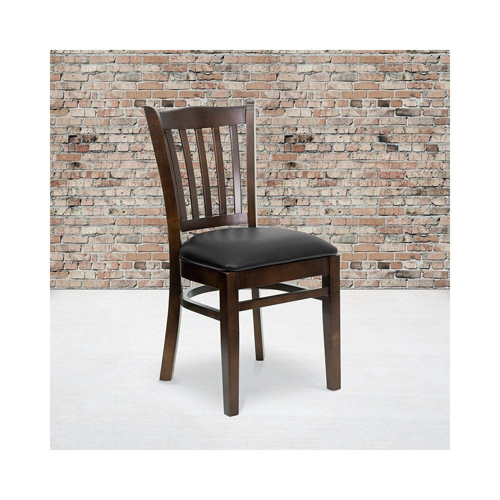 Vertical Slat Back Walnut Wood Restaurant Chair - Black Vinyl Seat