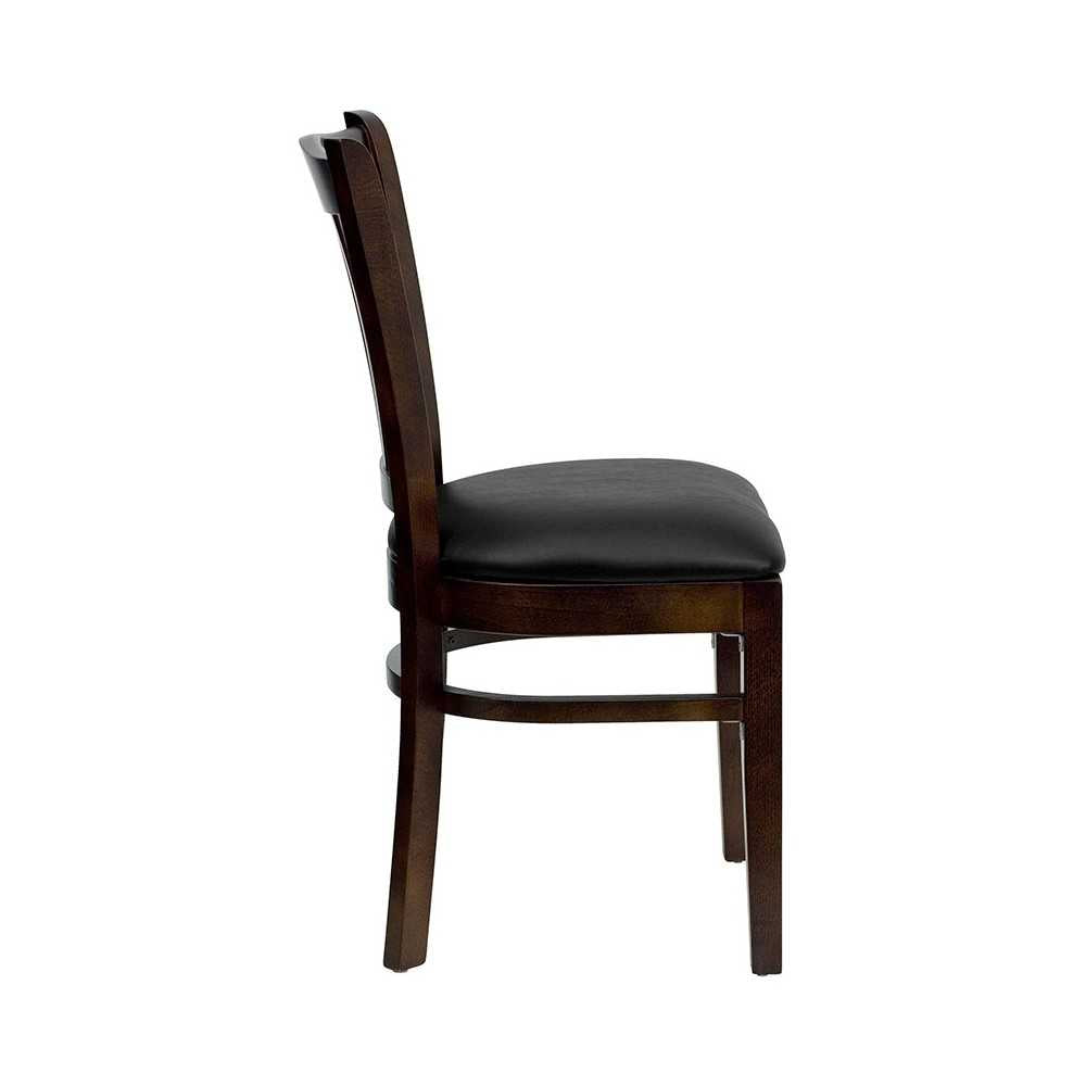 Vertical Slat Back Walnut Wood Restaurant Chair - Black Vinyl Seat
