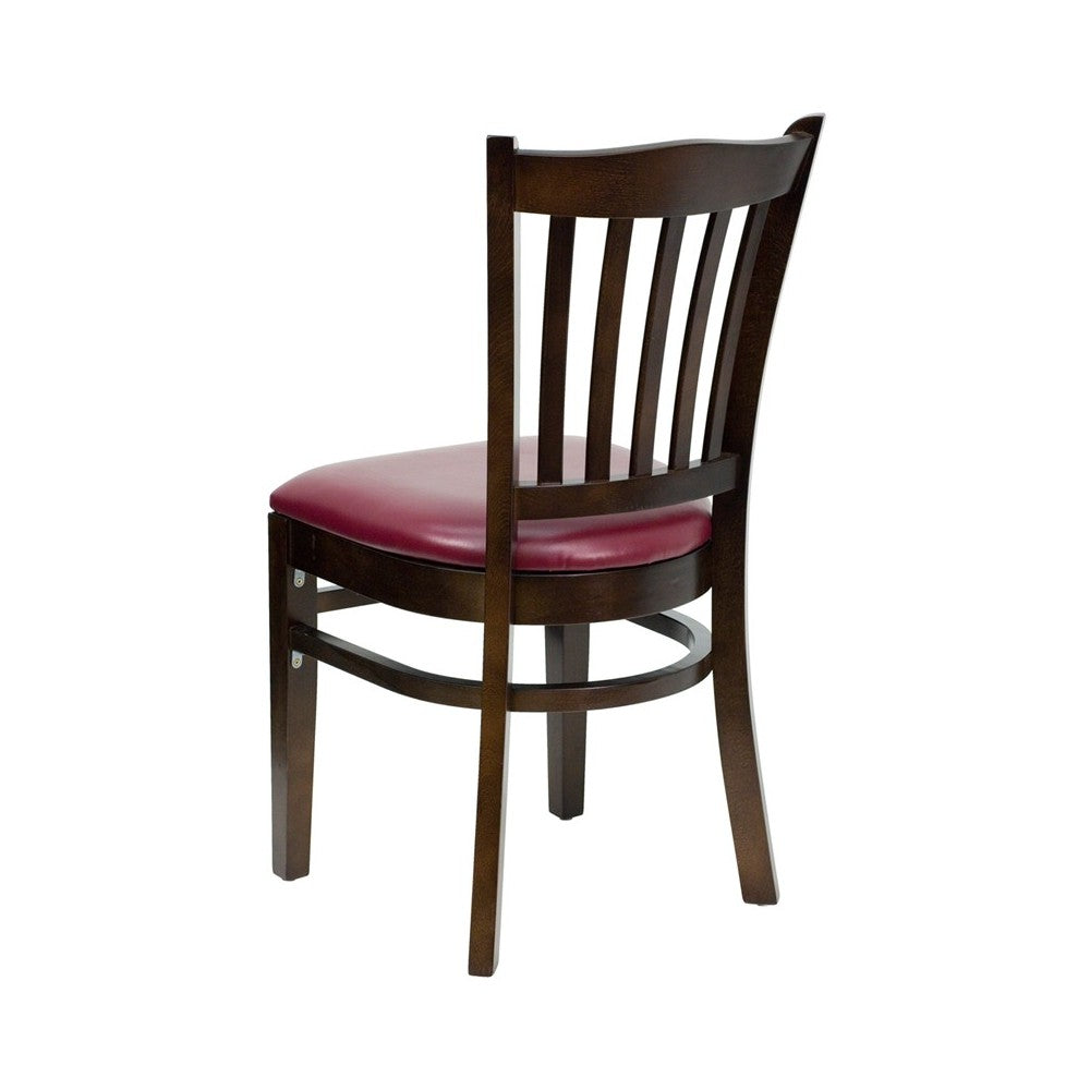 Vertical Slat Back Walnut Wood Restaurant Chair - Burgundy Vinyl Seat