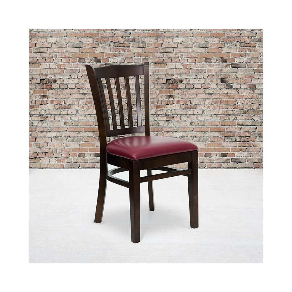 Vertical Slat Back Walnut Wood Restaurant Chair - Burgundy Vinyl Seat